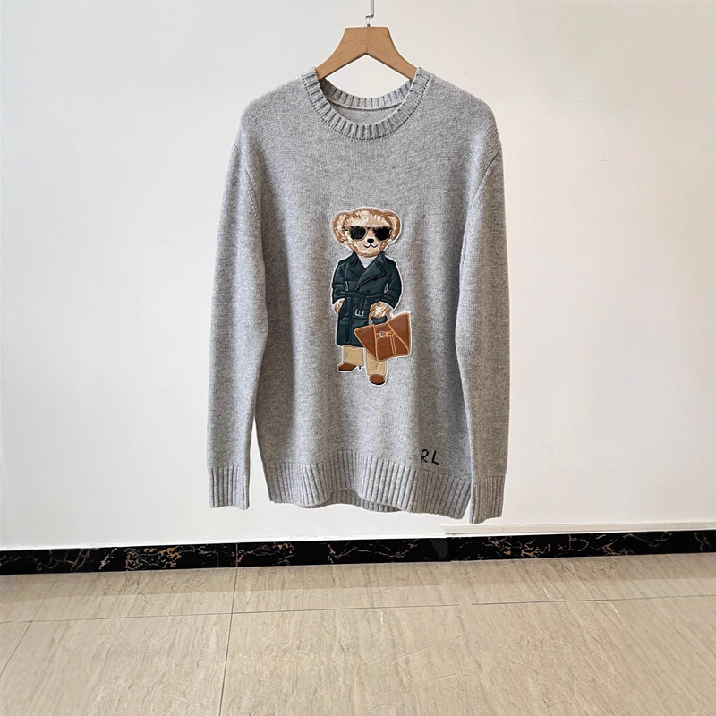 R~L New Autumn and Winter Women's Cashmere Classic American Retro Embroidered Green Windbreaker Bear Sweater Knitwear