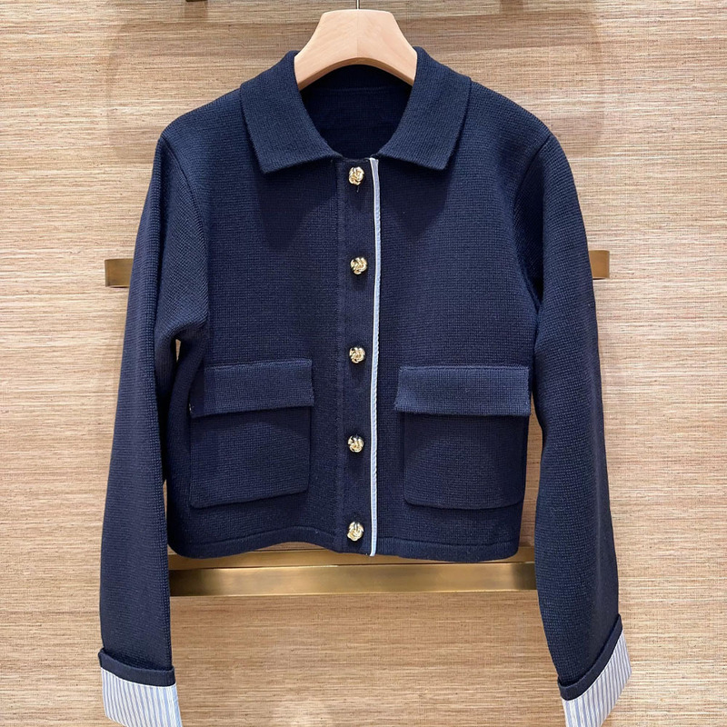 S Brand 2026 Spring New French-Style Color-Block Striped Patchwork Shirt with Knitted Cuffs Cardigan Jacket for Women