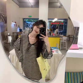 美式复古撞色条纹防晒罩衫t恤女夏季宽松休闲慵懒松弛感上衣薄款