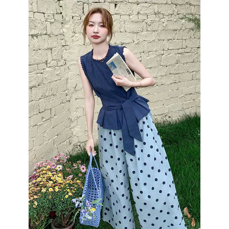 Винтажный комплект свободного жилета для женщин, лето 2025, новый топ без рукавов с широкими брюками в горошек, комплект из двух предметов.