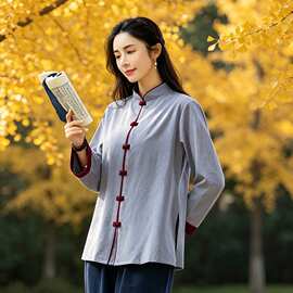 新款2026秋季新款复古中式上衣宽松晨练太极服棉麻禅意居士服女装