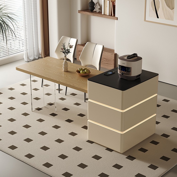 Mesa de mesa de isla de estilo crema medieval, cocina retráctil integrada, mesa de comedor y silla de tablero de roca de alta gama francesa para el hogar