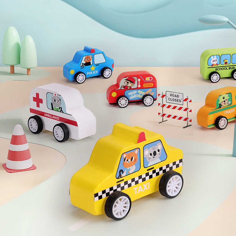 La linda y divertida serie de autos de retorno para niños es rica en color, la diversión de la tracción trasera se duplica, juguetes educativos de madera para la educación temprana