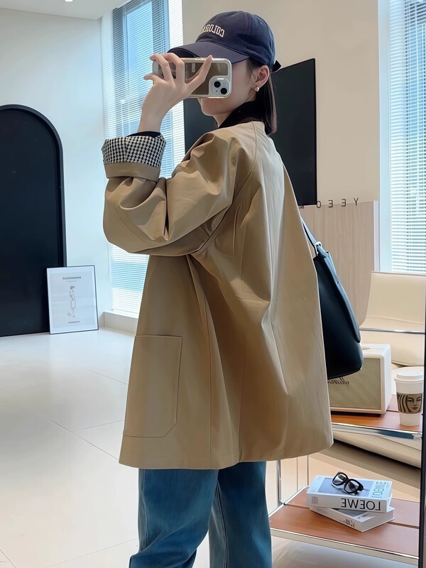 韩系撞色拼接中长款单排扣风衣女2025春秋新款宽松休闲显瘦外套|undefined