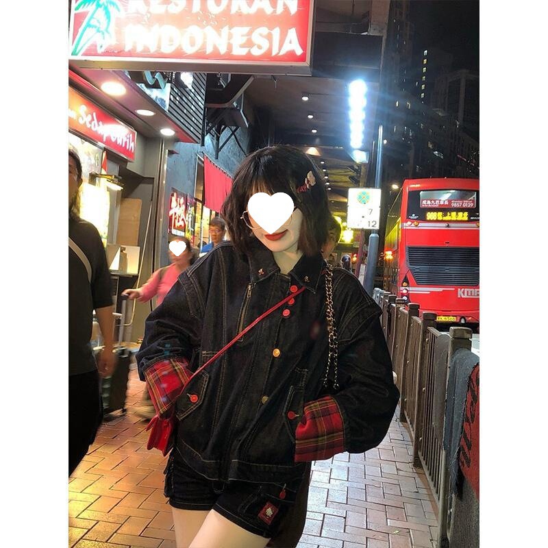 kt刺绣标格子拼接牛仔外套女2025秋季新款复古甜酷风宽松夹克开衫|undefined