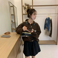 韩系polo领条纹长袖针织衫上衣女秋季新款宽松软糯慵懒风百搭毛衣