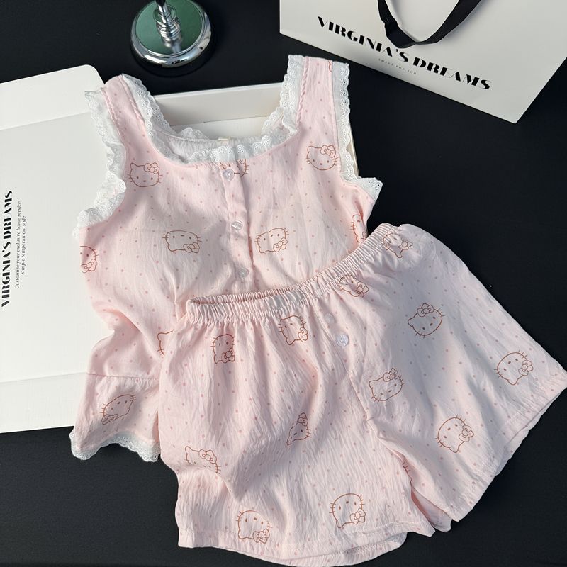 Verano cómodo nube algodón pijama de mujer impresión rosa pantalones cortos de mangas voladores con cojín de pecho dormitorio ropa casera