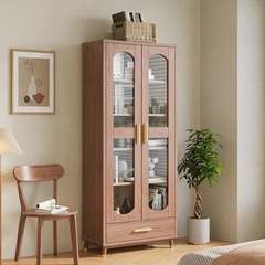 Walnut solid wood bookshelf cabinet with door glass cabinet, simple bookcase for home with drawers storage cabinet