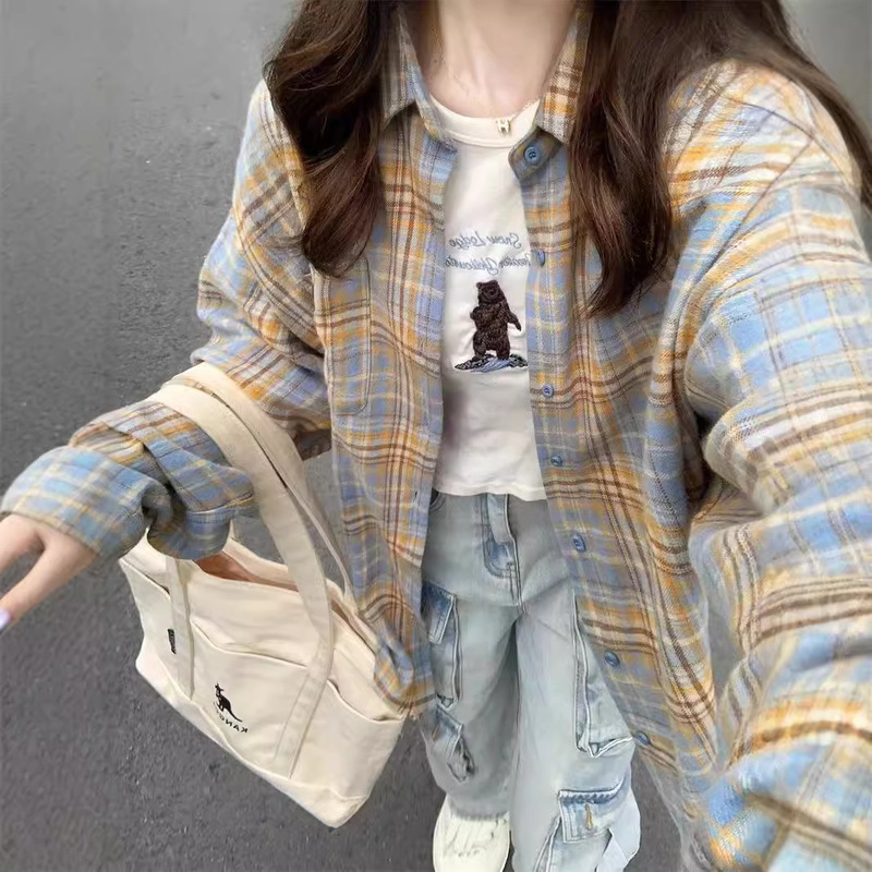 American Retro Plaid Long-Sleeved Shirt Women's Top Spring and Autum Lazy Style Loose Sun Protection Casual Shirt Jacket American Retro Plaid Long-Sleeved Shirt Women's Top Spring and Autum Lazy Style Loose Sun Protection Casual Shirt Jacket
