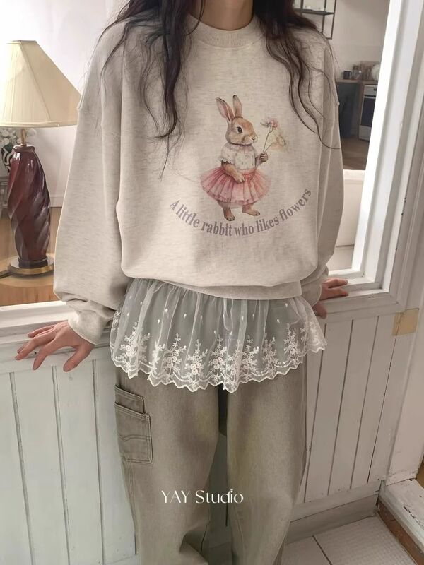 慵懒风宽松套头加厚卫衣女秋冬新款韩系卡通小兔长袖圆领无帽上衣|undefined