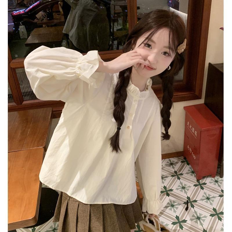 立领白色衬衫女长袖秋季2025新款宽松衬衣甜美小众法式上衣条纹|undefined