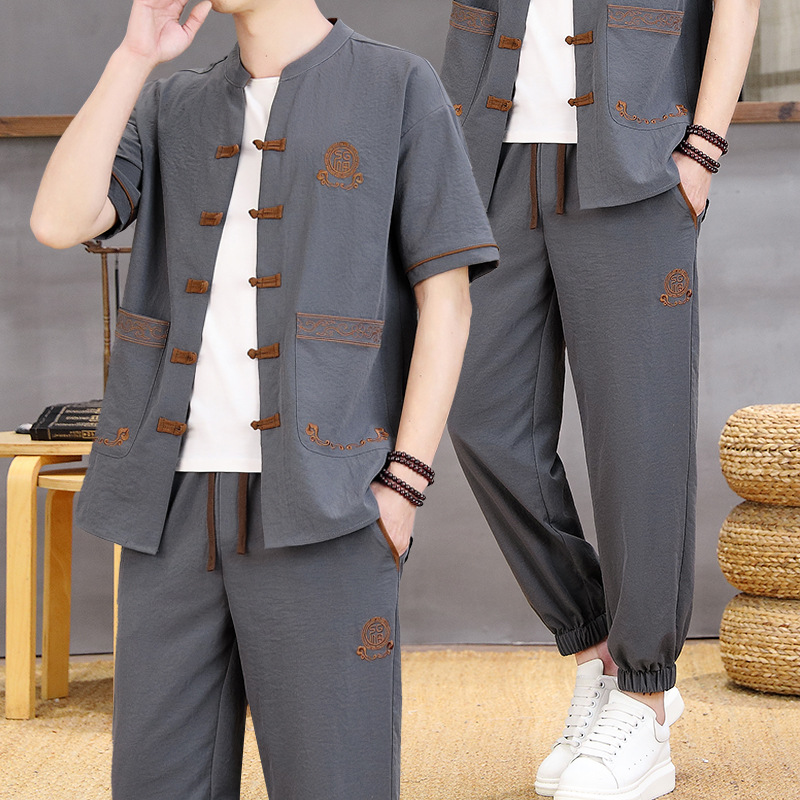 Summer Men's Suit Chinese Style Casual Cardigan Short-Sleeved Ethnic Style Men's Clothing Hanfu Retro Tang Suit Two-Piece Trendy Set