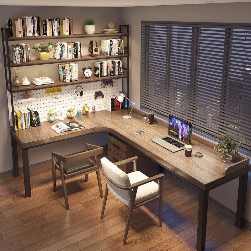 Solid wood corner long desk with integrated bookshelf, dual-use L-shaped curved computer desk, 7-shaped office desk