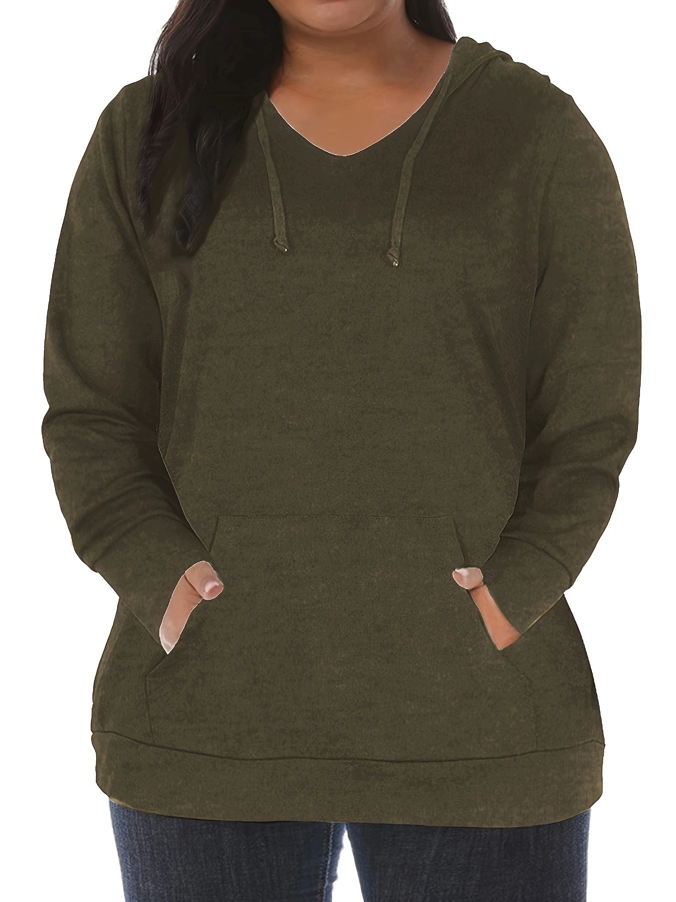 Женская толстовка с v-образным вырезом больших размеров и карманами, повседневная длинная толстовка с v-образным вырезом