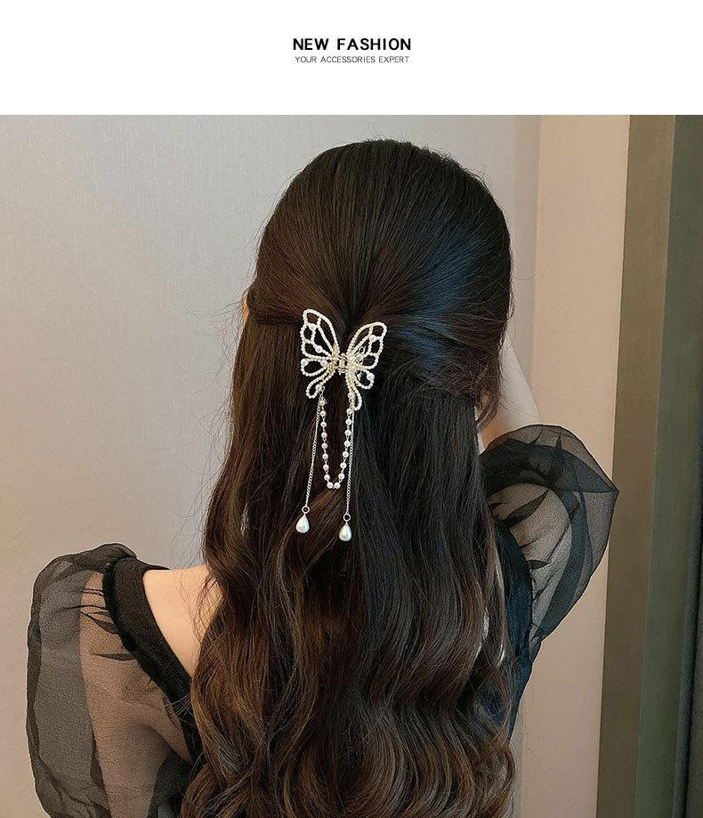 Korean style new Pearl butterfly tassel clip female light luxury back Head Small size hairpin elegant temperament shark clip net_voghion.com