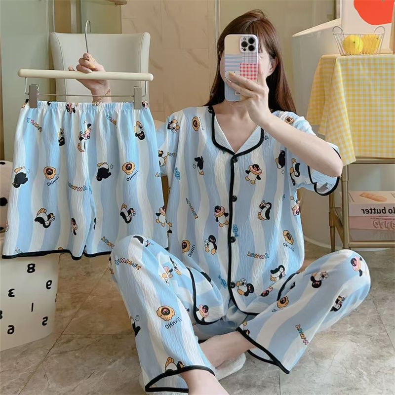 Pijamas de algodón de nube Cárdigan de tres piezas de verano para mujer Pantalones cortos de manga corta Pantalones cortos Dulce transmisión en vivo Paquete de servicio a domicilio Orden exterior