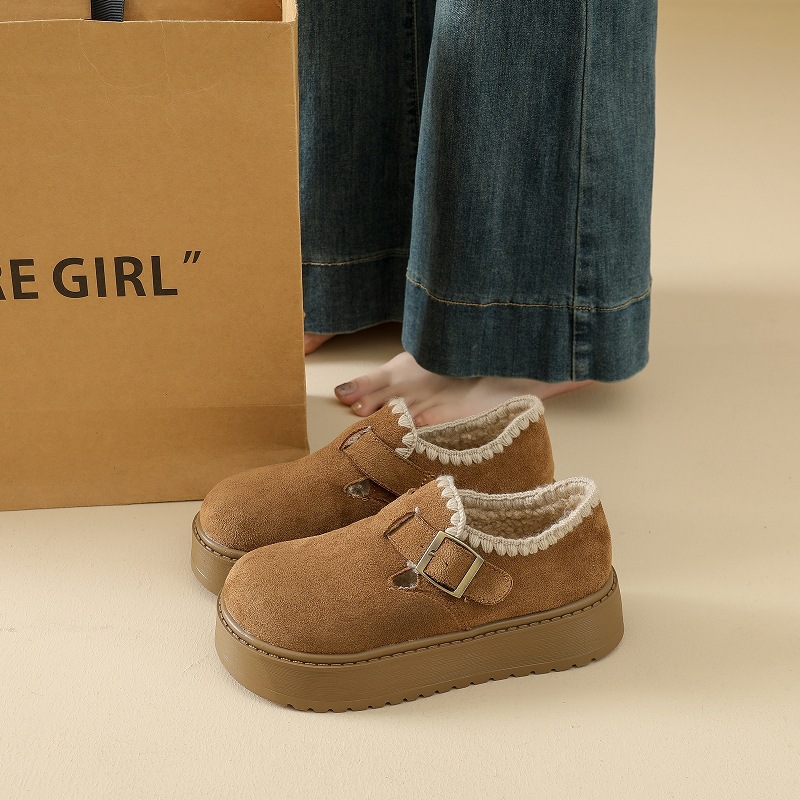 花边加绒松糕底勃肯鞋女秋冬季休闲防滑保暖一脚蹬厚底乐福鞋棉鞋