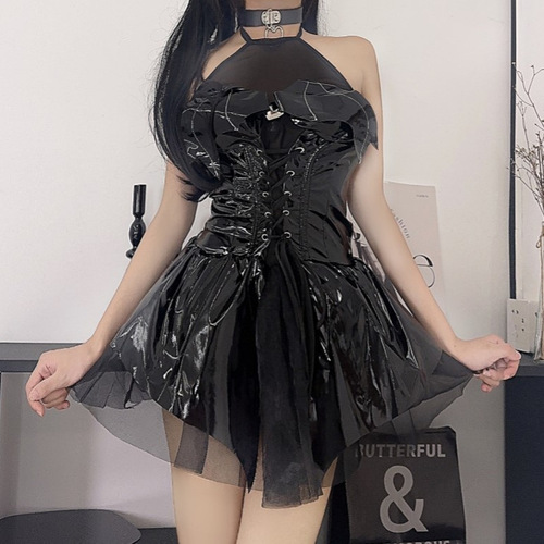 Charming Little Demon Sexy Shiny PU Necktie Belt Sheer Short Skirt Set Demon Cosplay Costume Women's
