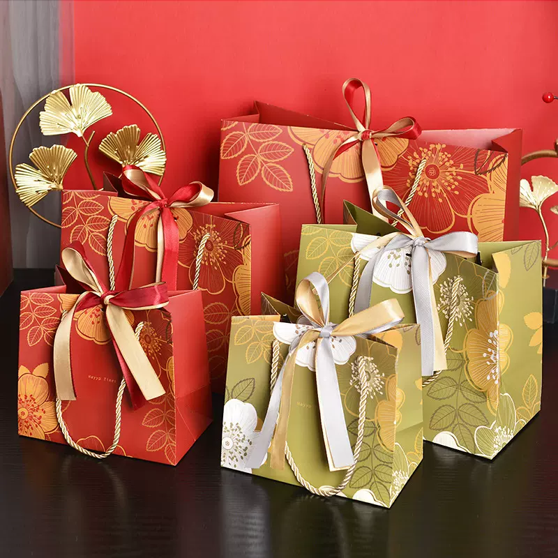 红色国潮风幸福时光礼品袋花朵包装袋礼物手提袋纸袋喜糖袋配双丝