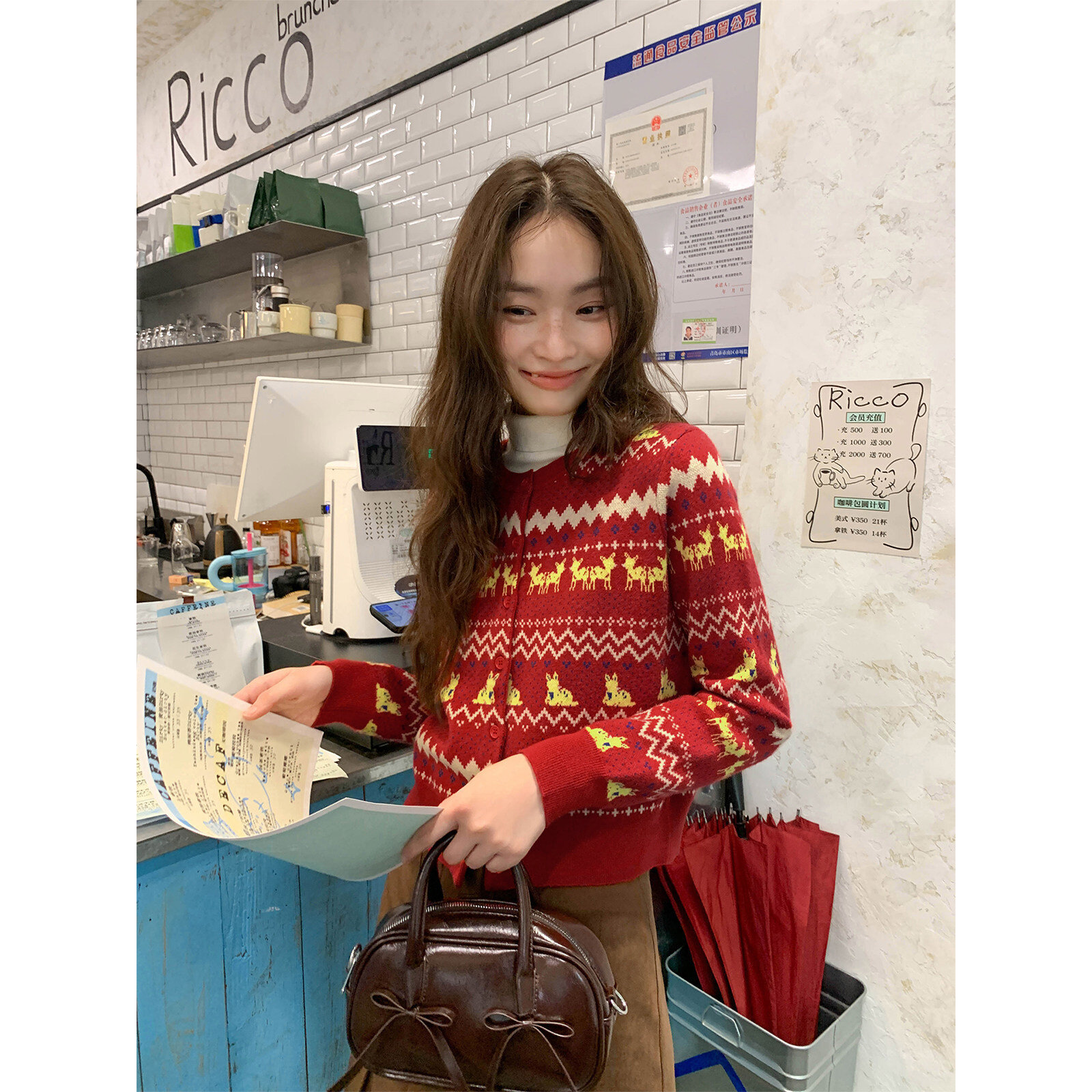 复古费尔岛撞色软糯针织开衫女春季超好看的多巴胺上衣