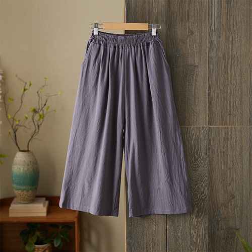 Summer 2025 Cotton Linen Wide Leg Pants Loose High-Waist Literary Simple Solid Color Seven-Foot Retro Elegant Versatile Casual Pants