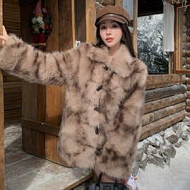 冬季韩版牛角扣新款中长款外套时尚环保狐狸毛毛皮草大衣女