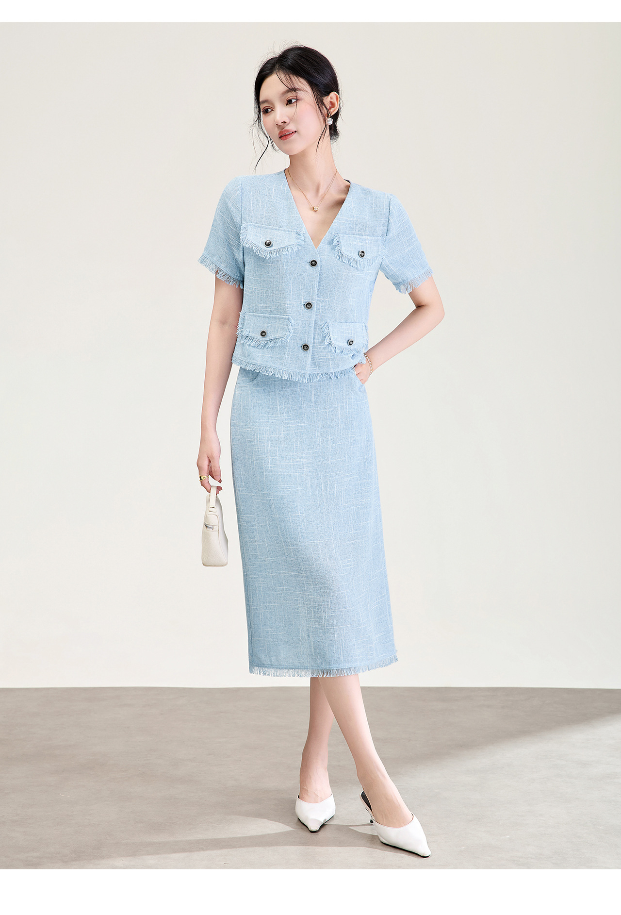Bộ hai mảnh áo tay ngắn kiểu Chanel + chân váy midi cao cấp nữ mùa hè — xanh lam chi tiết 14