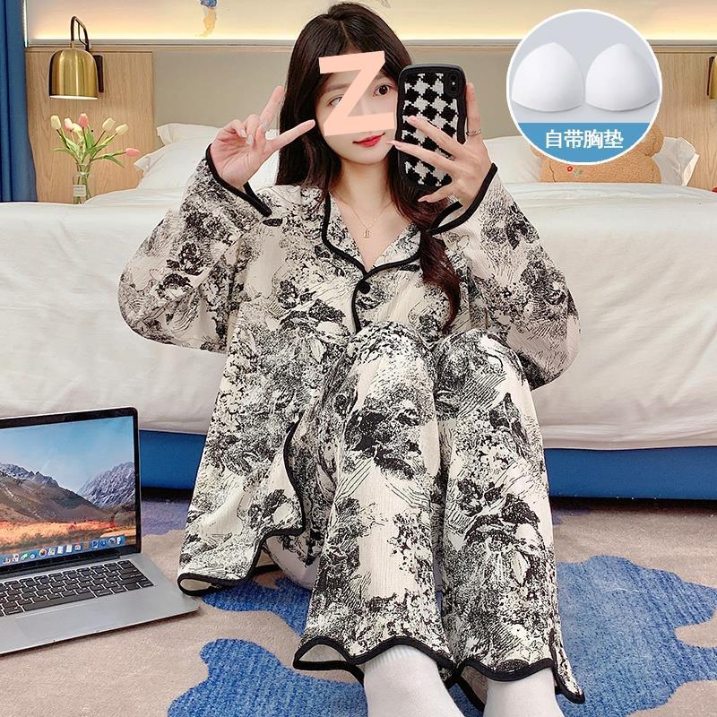 春と秋の女性用パジャマ、胸パッド付き長袖ズボン、膨らみ防止スーツ、冬と夏の女性のかわいい漫画のホーム服|undefined