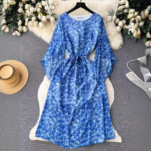 法式甜美印花度假风连衣裙女装夏季系带收腰显瘦气质超仙旅游长裙