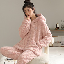珊瑚绒睡衣女士秋冬季2025新款加厚加绒拉链连帽法兰绒家居服套装