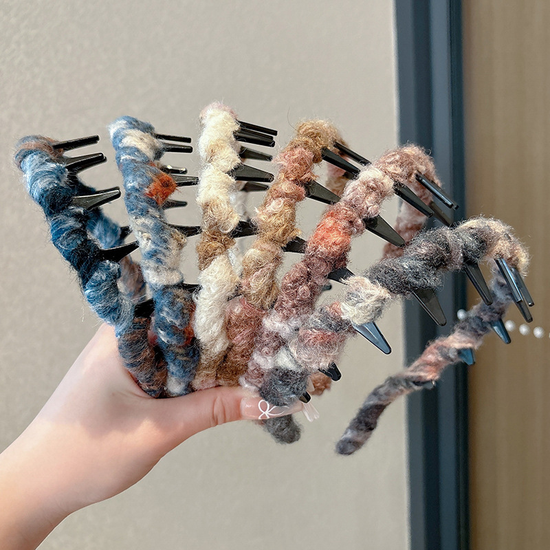 Alto cráneo de lana ondulado banda de cabello para mujeres lavado de cara maquillaje especial banda de cabello con dientes antideslizante acabado de cabello agrupado tocado