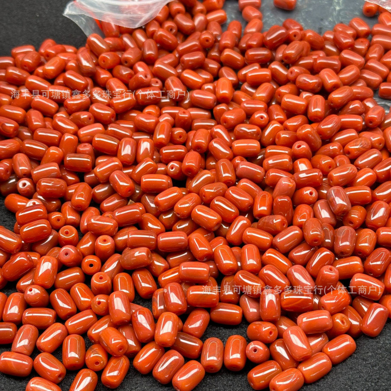 天然玛瑙柿子红桶珠 文玩DIY配饰 满色满肉火焰红尺寸8*12mm批发
