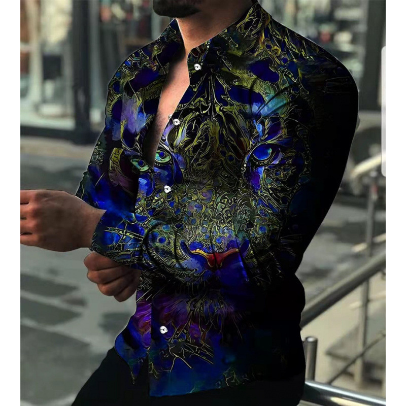 2025欧美男装衬衫秋季长袖翻领衬衫3d印花休闲衬衫男宽松男式衬衣|undefined