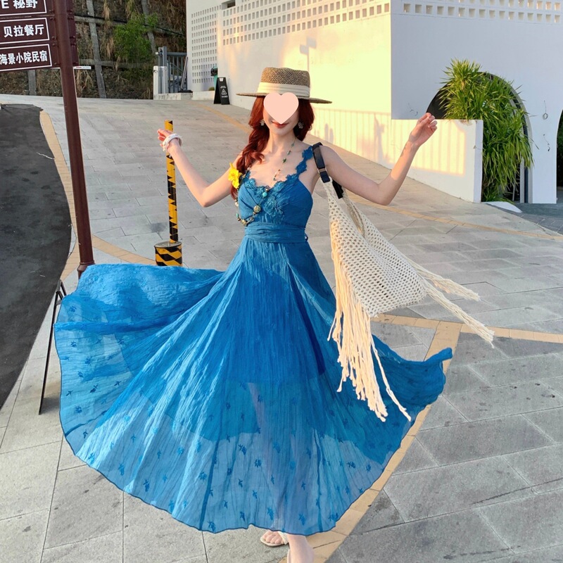 Cobalt Night Patrol: Elegant and Complexion-Enhancing Floral Embroidery Design, Seaside Resort Style Spaghetti Strap Dress in Klein Blue
