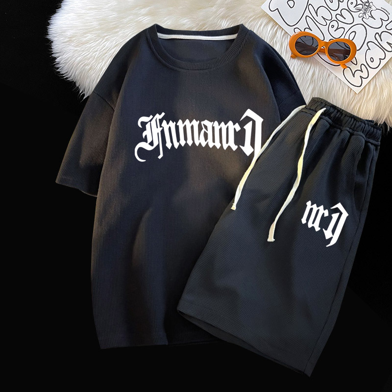 Waffle casual traje de los hombres de verano de seda de hielo de manga corta Camiseta de los hombres con ropa deportiva de marca de moda guapo