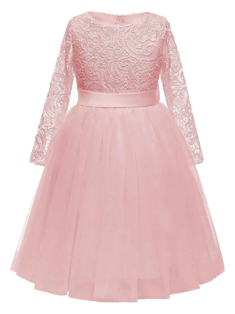 Vestido de niña para boda, de encaje, manga larga, con flores, estilo princesa, con lazo de malla, de Amazon Cross-Border.