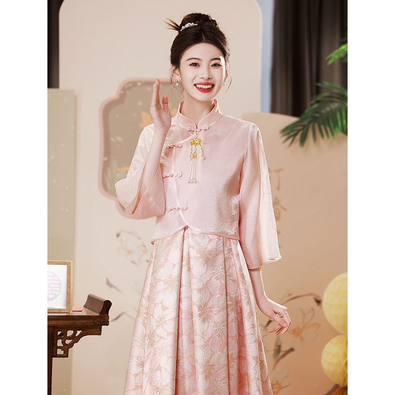 New Chinese style suit engagement banquet dress female pink cheongsam toast dress bride little man back to the door dress