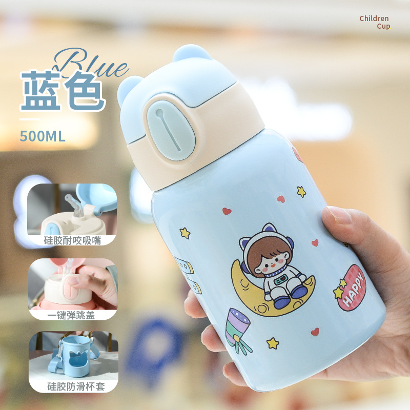 Taza de paja para niños dibujos animados acero inoxidable doble capa tapa de silicona termo gran capacidad personalizado