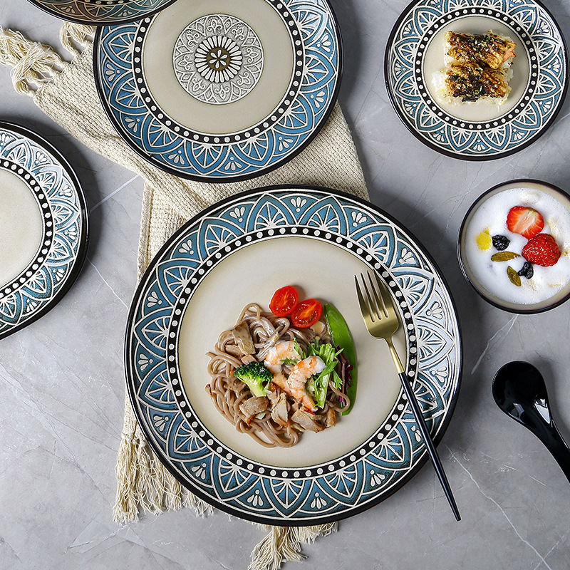 OMK New Ceramic Tableware Salad Plate Western Steak Plate Thai Food Theme Personalized Restaurant Light Luxurious Style Plate