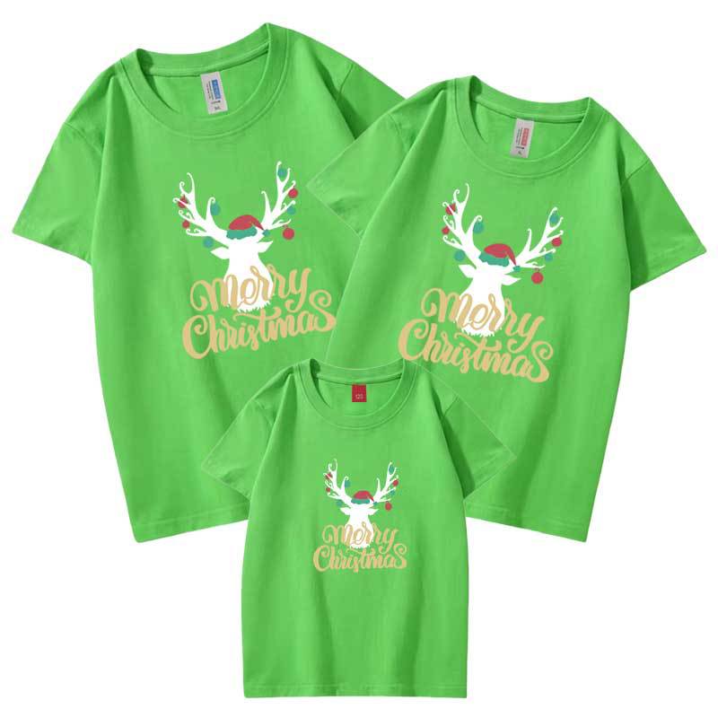 Camiseta al por mayor carta de verano cabeza de ciervo de Navidad autoproducido y vendido algodón refinado ropa de padre-hijo ropa de clase ropa para niños manga corta cuello redondo