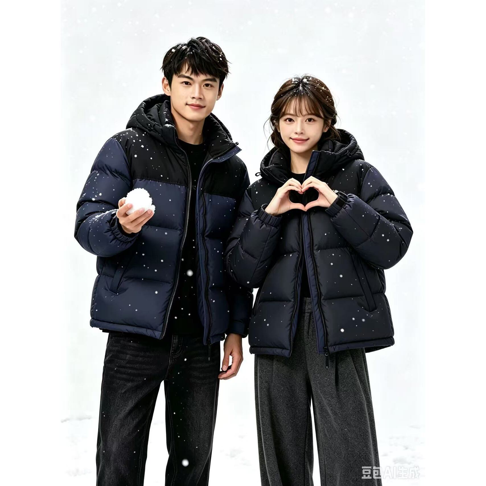 디구스토이 남녀공용 후드 다운 패딩 배색 루즈핏 커플 겨울 점퍼