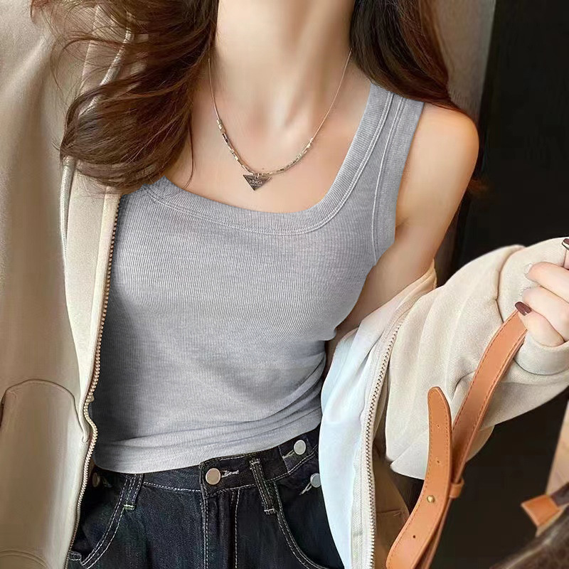 Square Neck Threaded Pure Cotton White Camisole Women's Inner Wear 2025 New Spring, Summer and Autumn Beautiful Back Black Bottoming Outer Wear