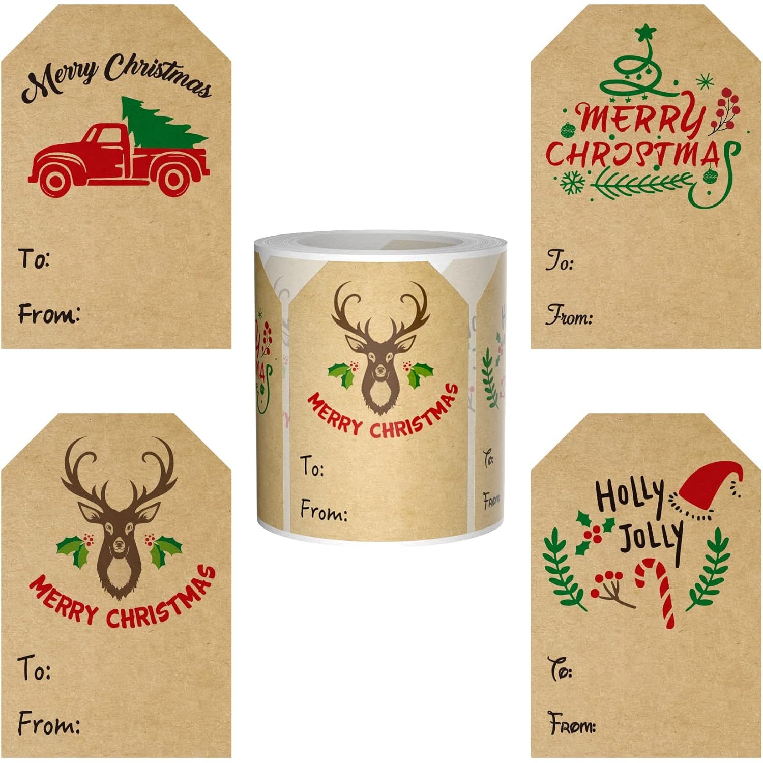 圣诞贴纸6款设计牛皮纸材质3x2英寸节日装饰热敏贴纸