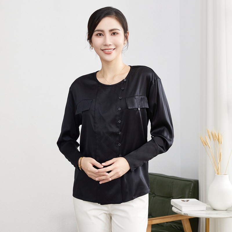 春季女式真丝衬衫女长袖衬衣桑蚕丝上衣黑色新中式国风圆领