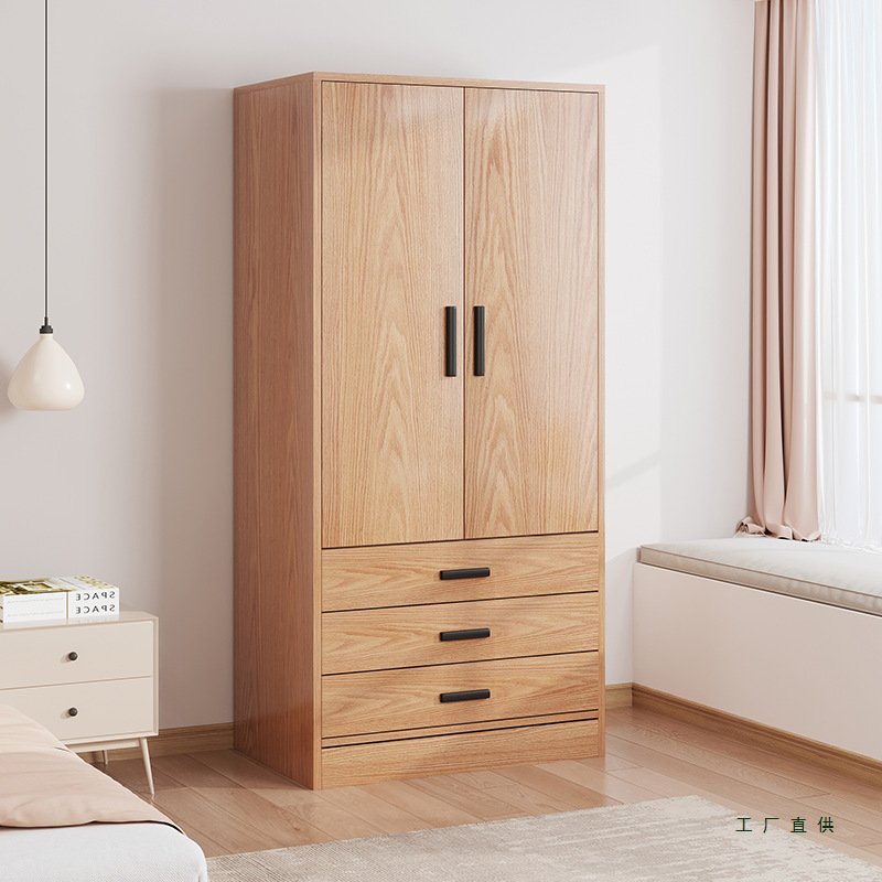 Wardrobe for Home Bedroom, Natural Wood Color, Small Apartment with Drawers, Single-Person Rental Room Dedicated Storage Hanging Closet