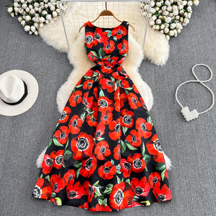 感輕奢氣質時尚圓領收腰顯瘦印花無袖a字蓬蓬連衣裙禮服長裙