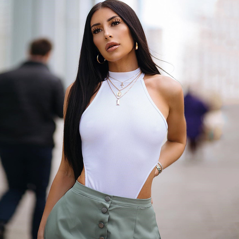 2025 Summer New Foreign Trade European and American Women's Slim-fit Vest Top Sexy Hanging Neck Sleeveless High Split Jongsuit