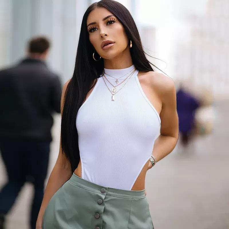 2025夏季新款外贸欧美女装修身背心上衣性感挂脖无袖高开叉连体衣