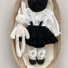 2025新款婴儿衣服春季韩版女宝宝纯色大翻领衬衫背带包屁裤两件套