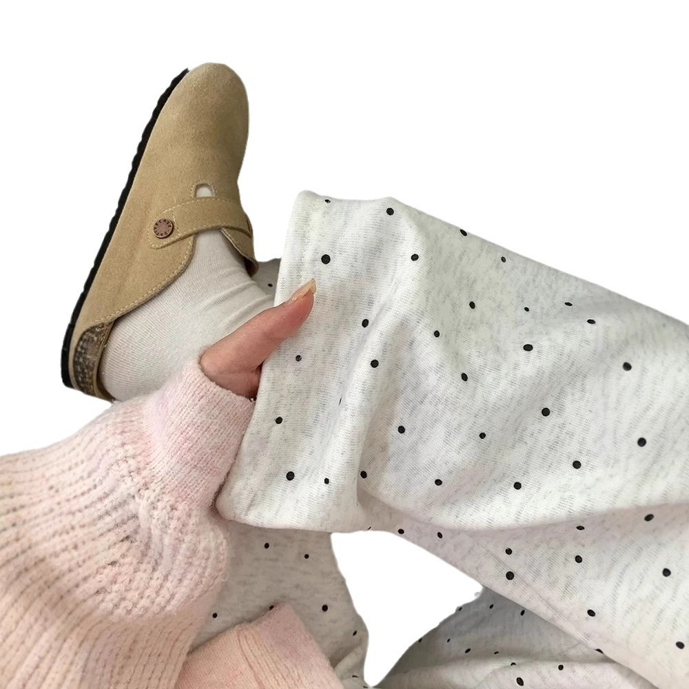 2025 새로운 게으른 스타일 새로운 아이보리 웨이브 포인트 캐주얼 바지 여성의 겨울 높은 허리 느슨한 걸레 바지 바지